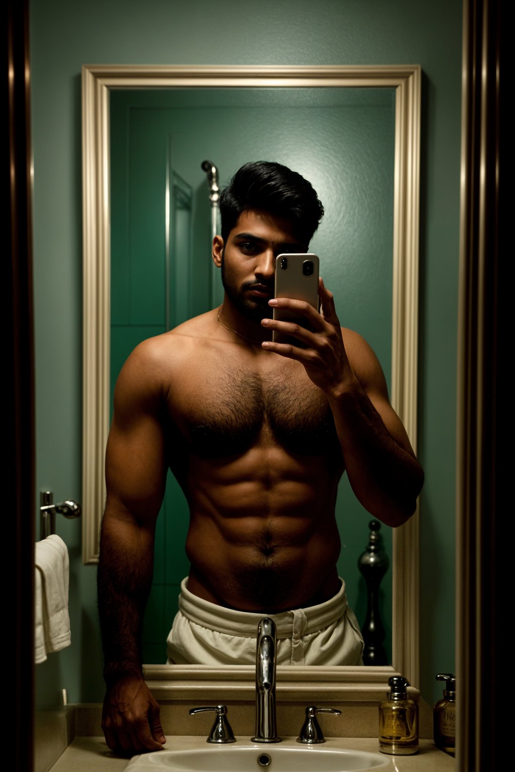 beautiful man taking a selfie in bathroom mirror