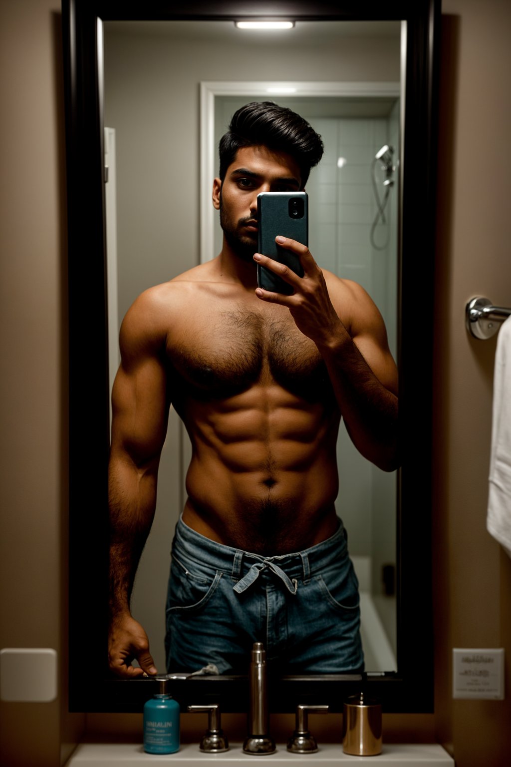 beautiful man taking a selfie in bathroom mirror