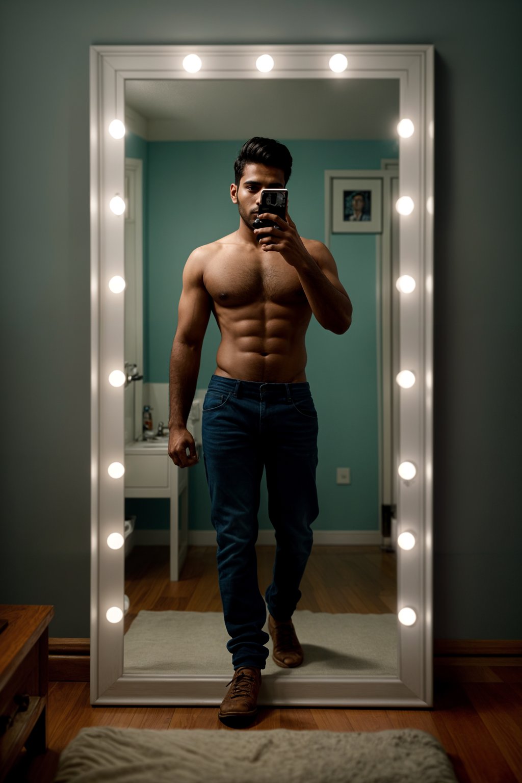 beautiful man taking a selfie in bedroom mirror