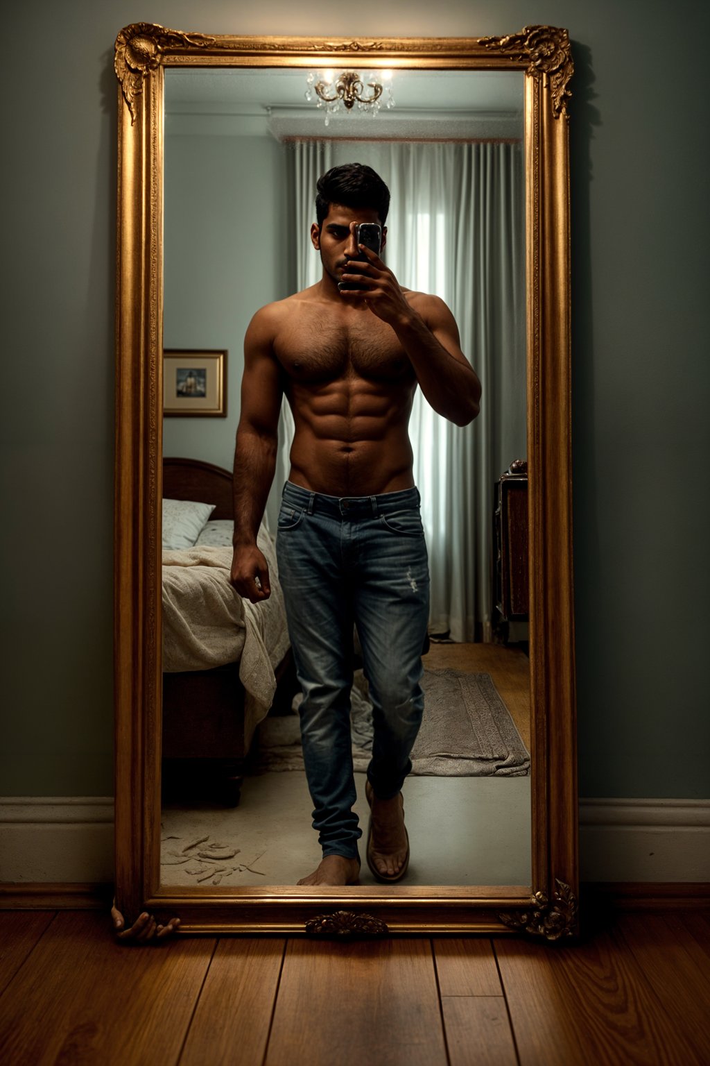 beautiful man taking a selfie in bedroom mirror