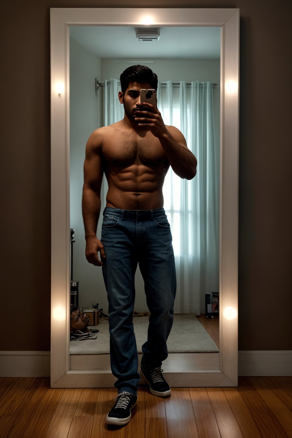 beautiful man taking a selfie in bedroom mirror