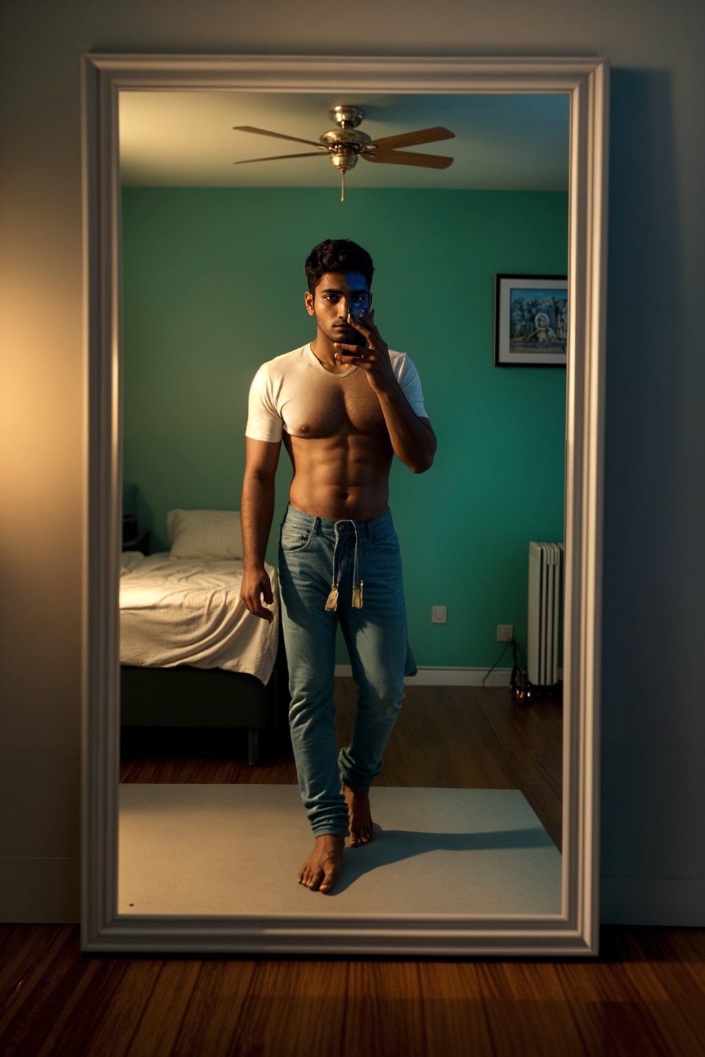 beautiful man taking a selfie in bedroom mirror