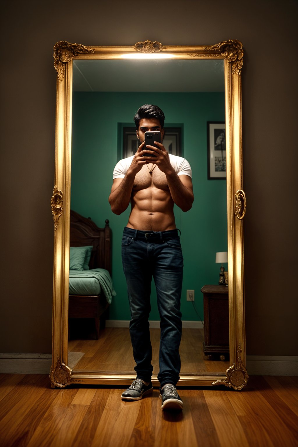 beautiful man taking a selfie in bedroom mirror