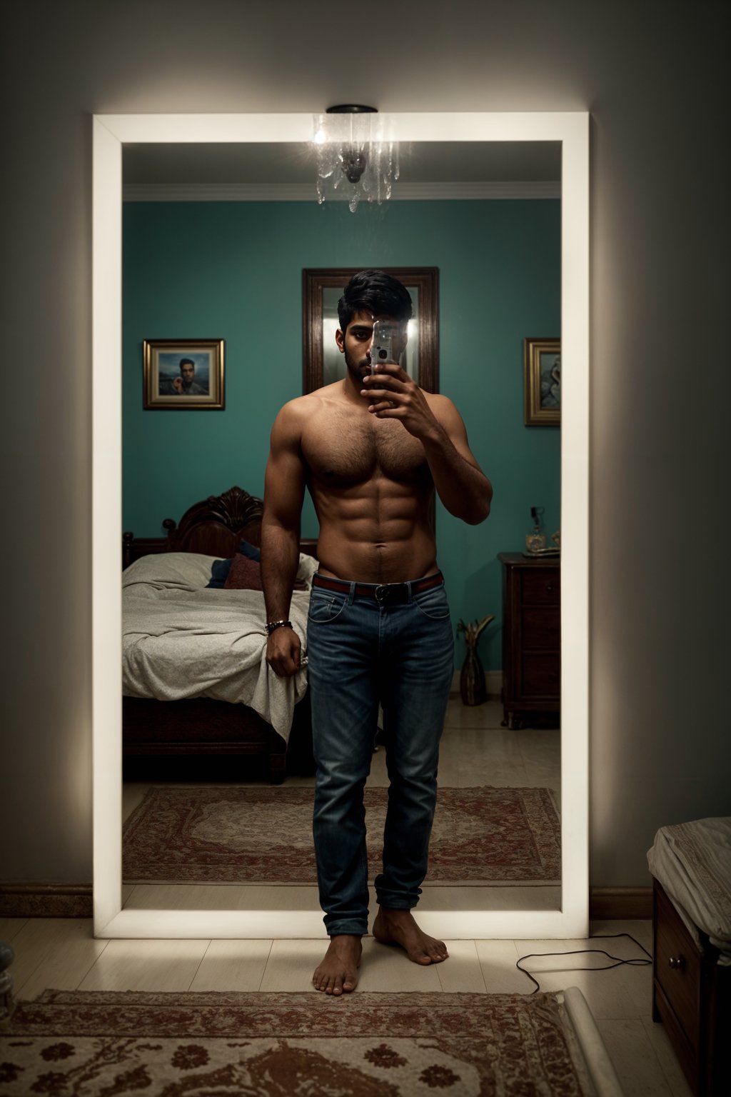 beautiful man taking a selfie in bedroom mirror