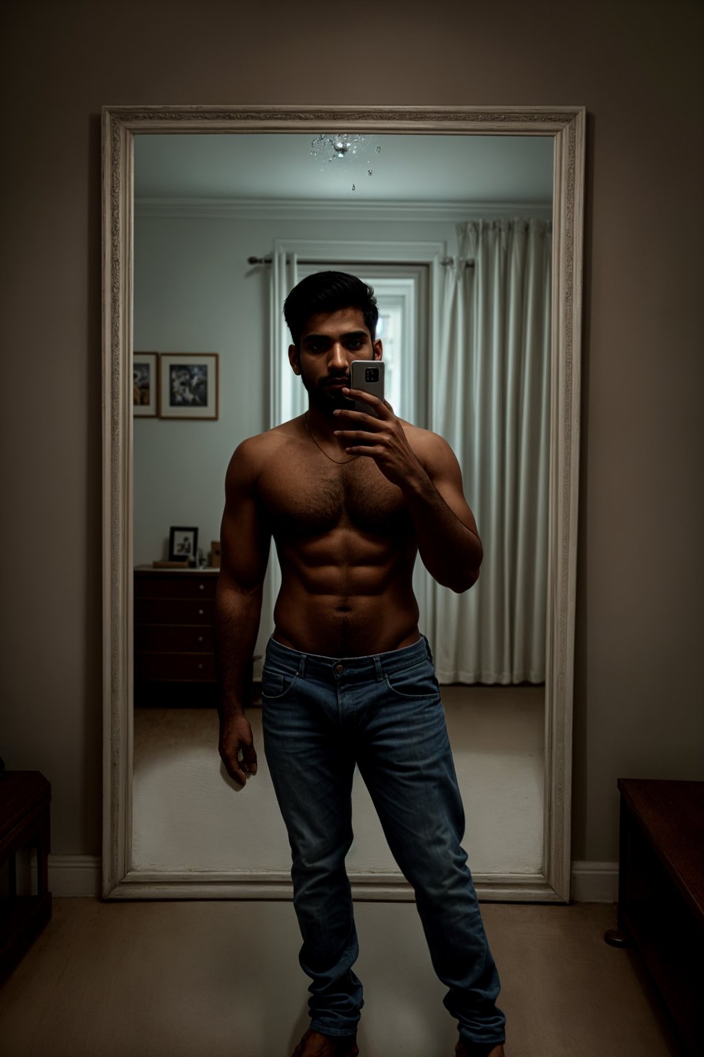 beautiful man taking a selfie in bedroom mirror