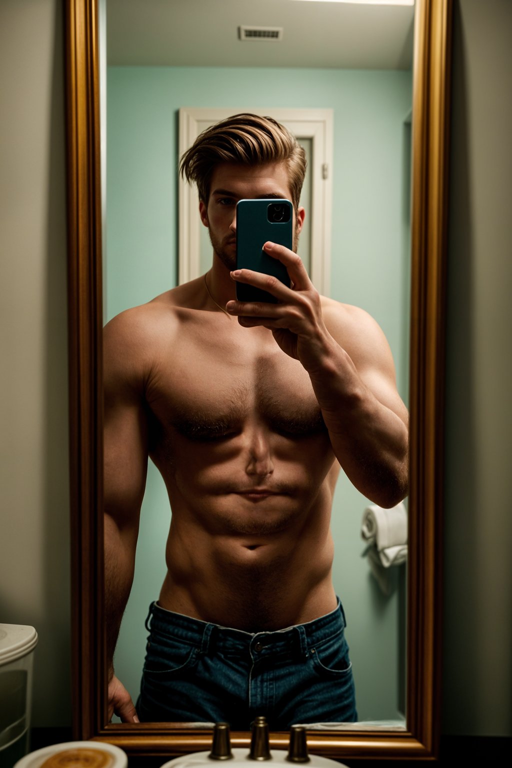 beautiful man taking a selfie in bathroom mirror