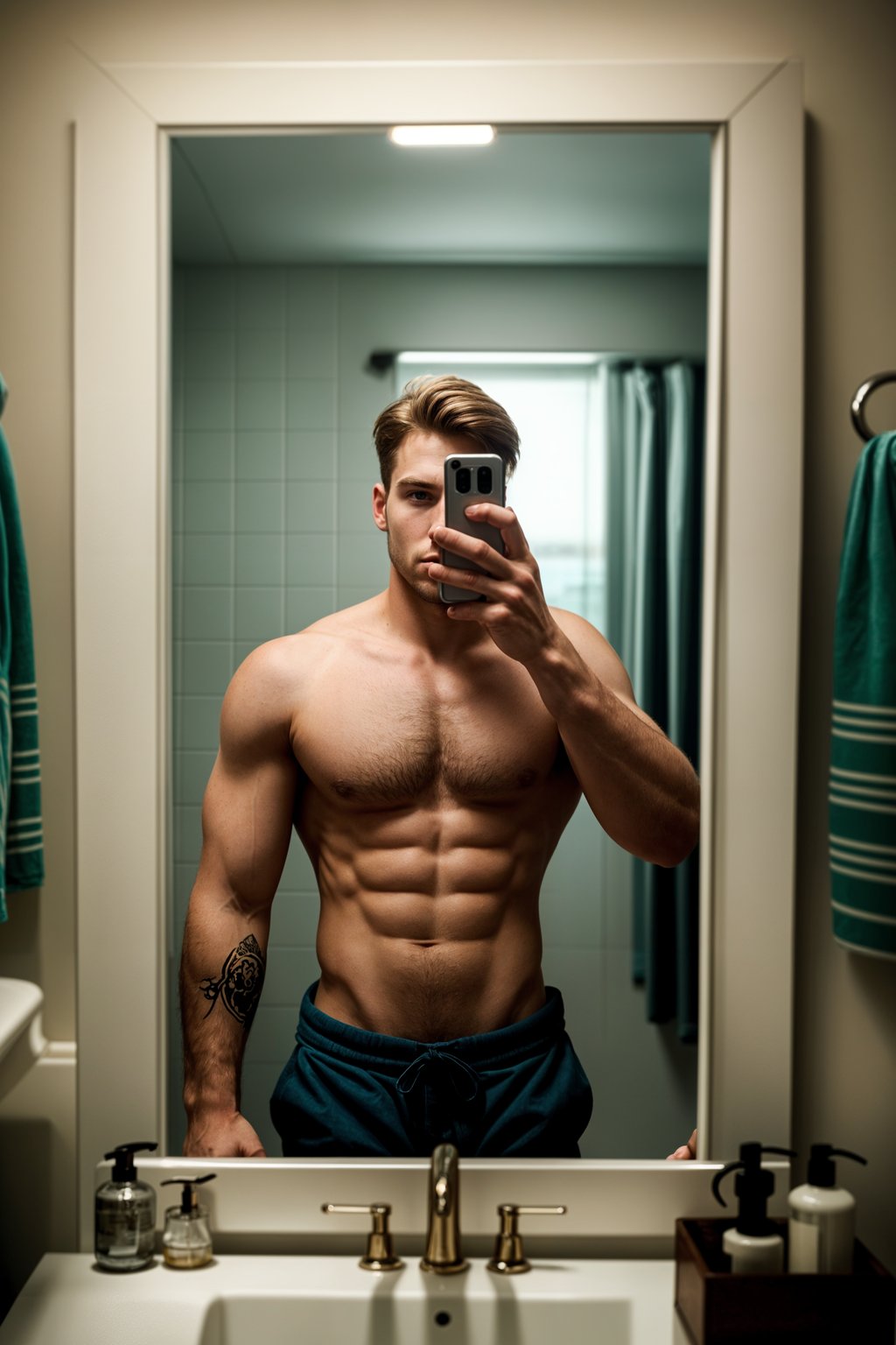 beautiful man taking a selfie in bathroom mirror