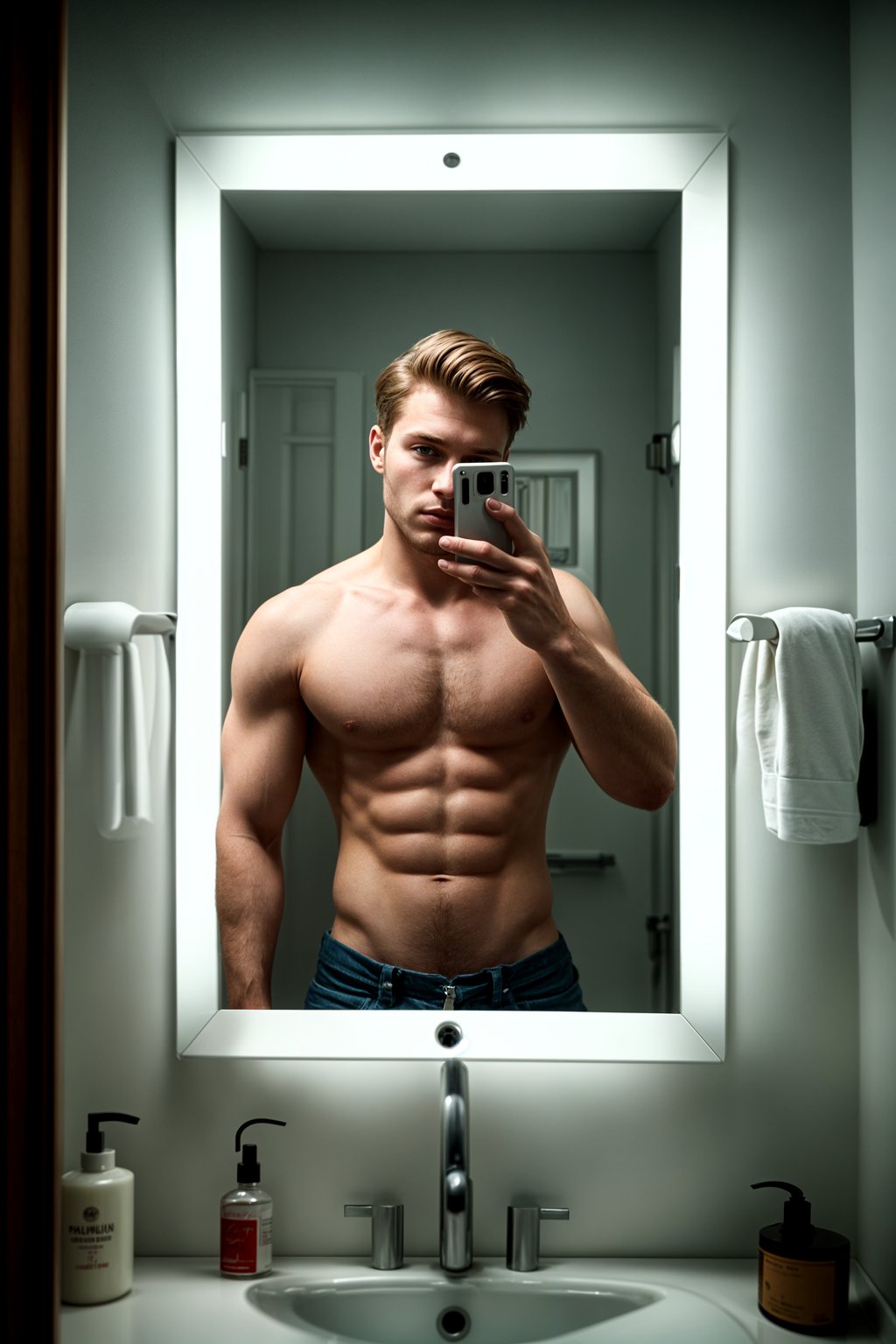 beautiful man taking a selfie in bathroom mirror