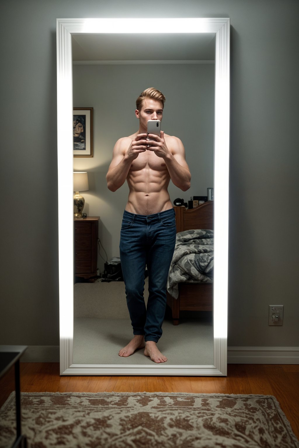 beautiful man taking a selfie in bedroom mirror