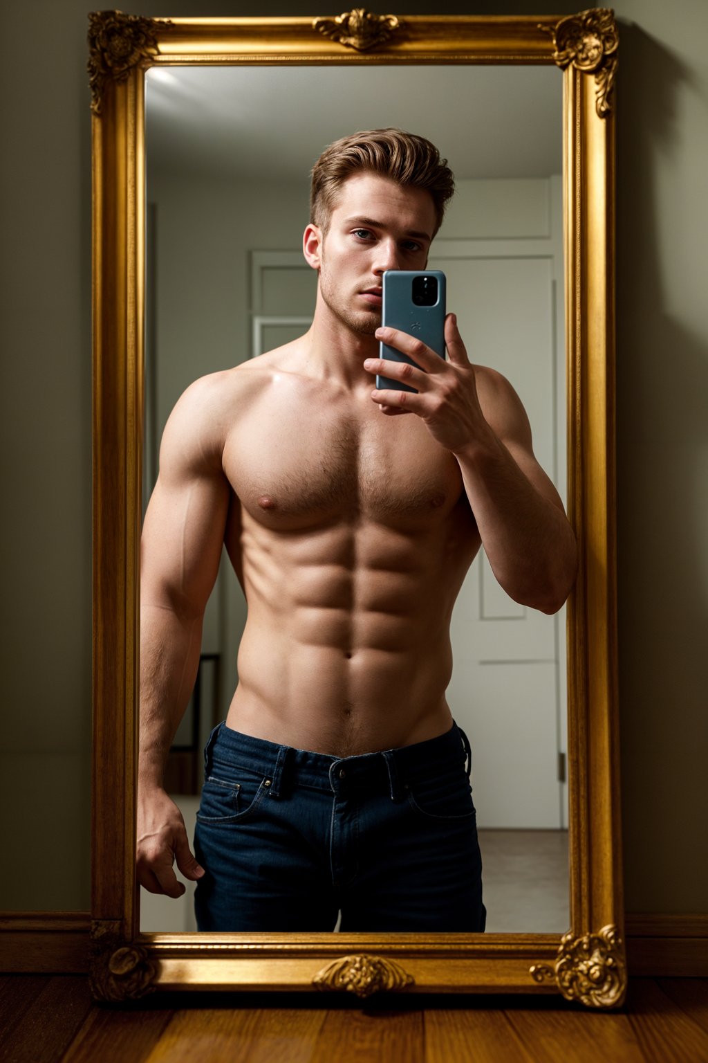 beautiful man taking a selfie in bedroom mirror