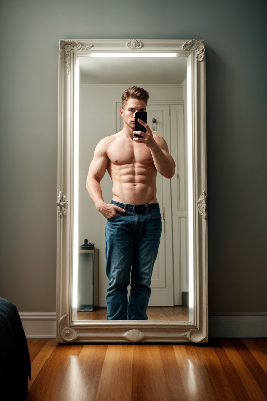 beautiful man taking a selfie in bedroom mirror