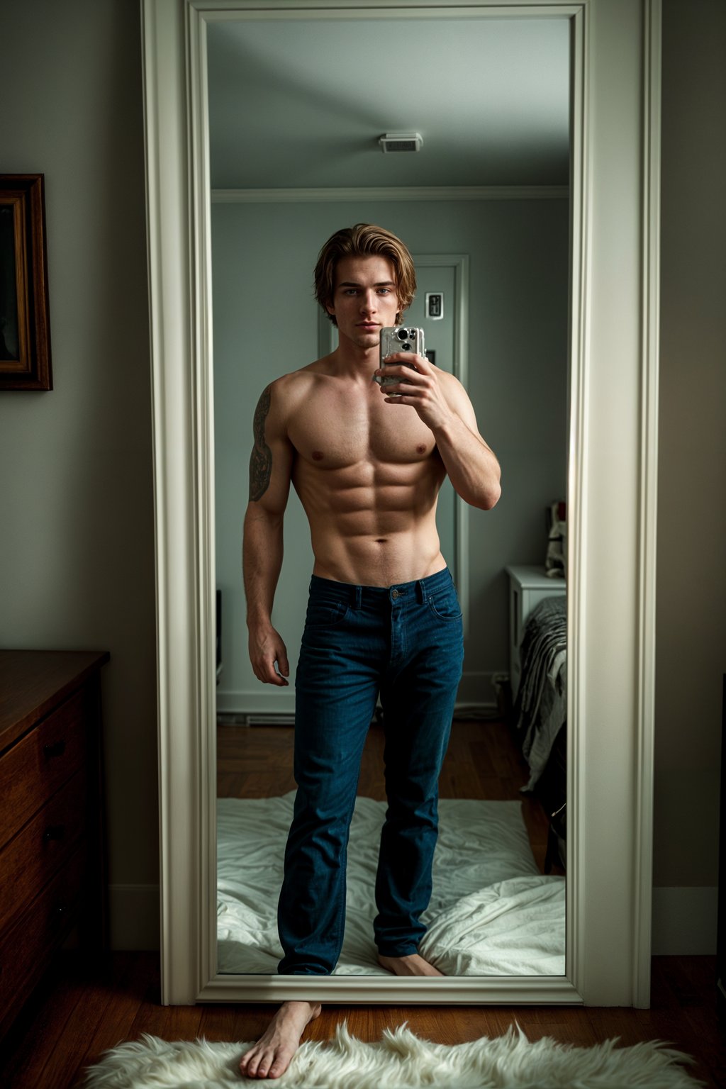 beautiful man taking a selfie in bedroom mirror