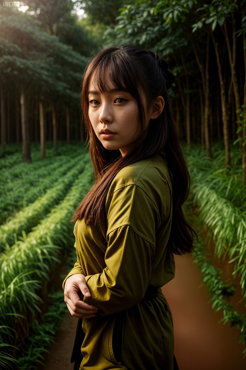 woman outside in nature in forest or jungle or a field of wheat enjoying the natural world