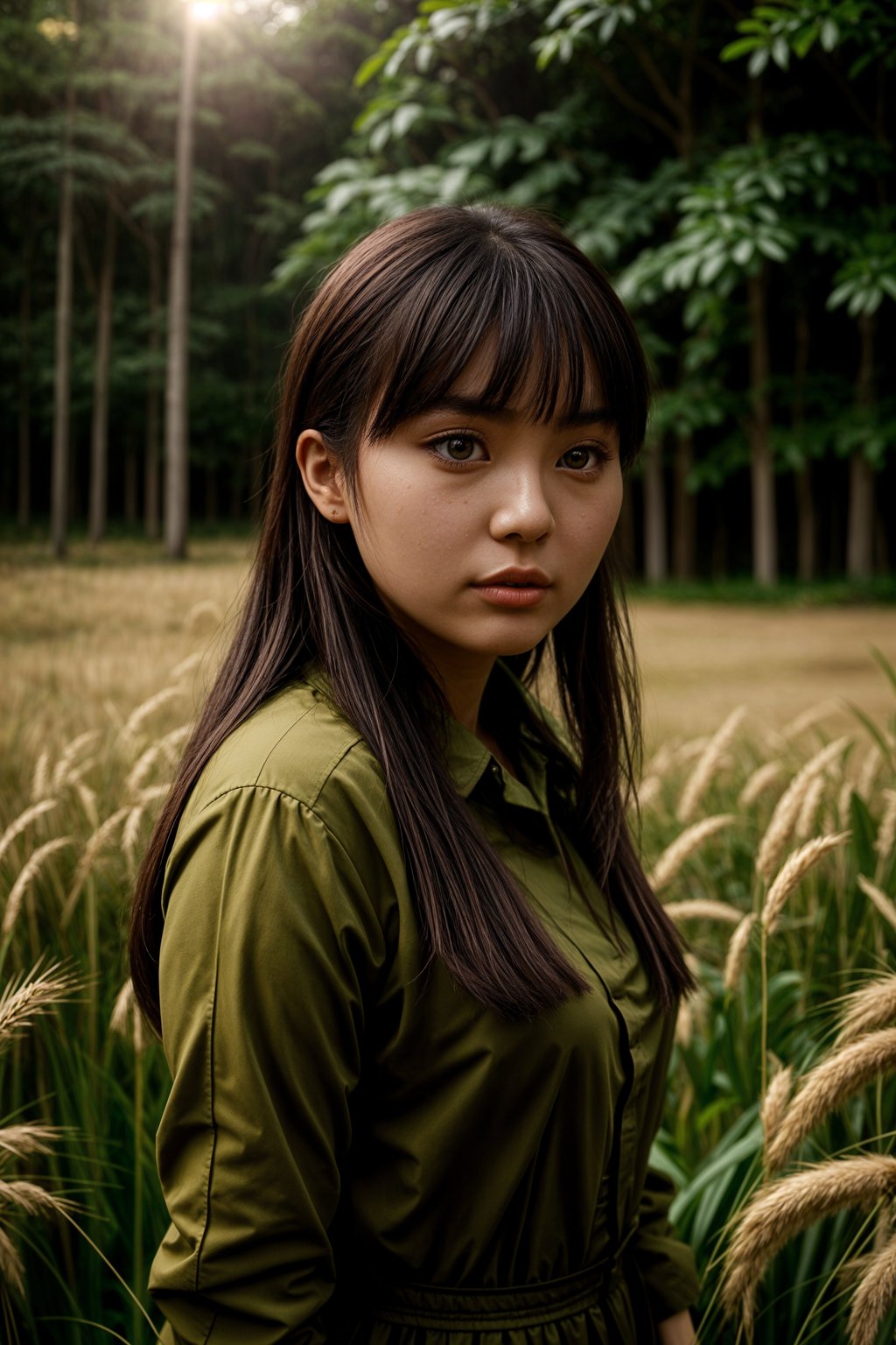 woman outside in nature in forest or jungle or a field of wheat enjoying the natural world