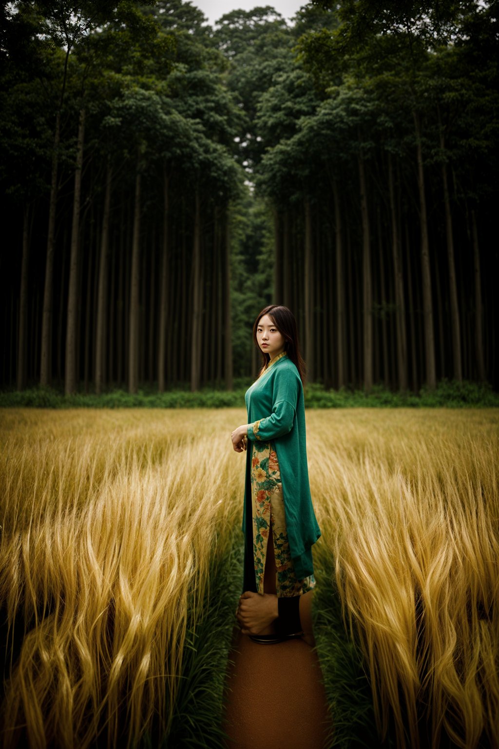 woman outside in nature in forest or jungle or a field of wheat enjoying the natural world