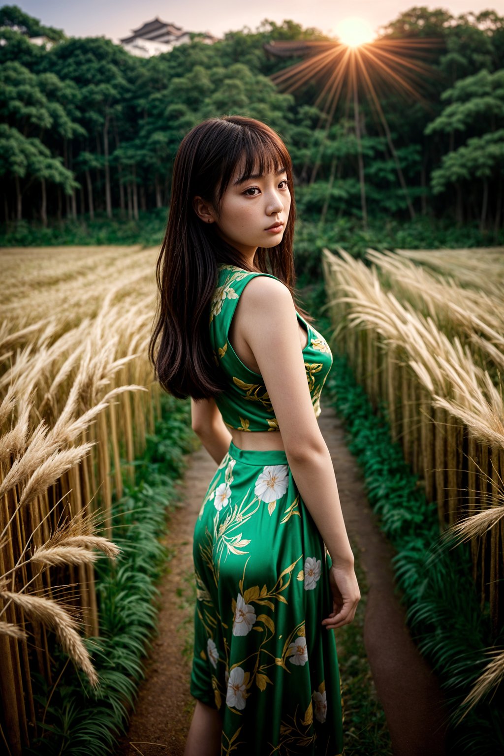 woman outside in nature in forest or jungle or a field of wheat enjoying the natural world