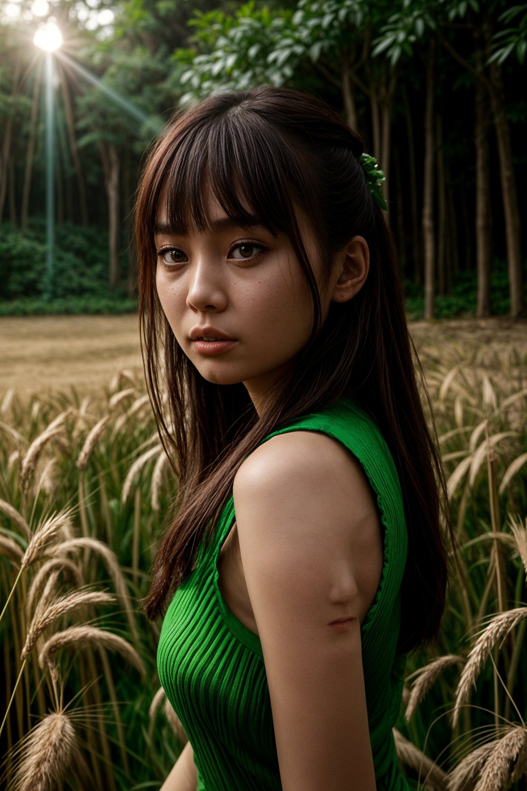 woman outside in nature in forest or jungle or a field of wheat enjoying the natural world