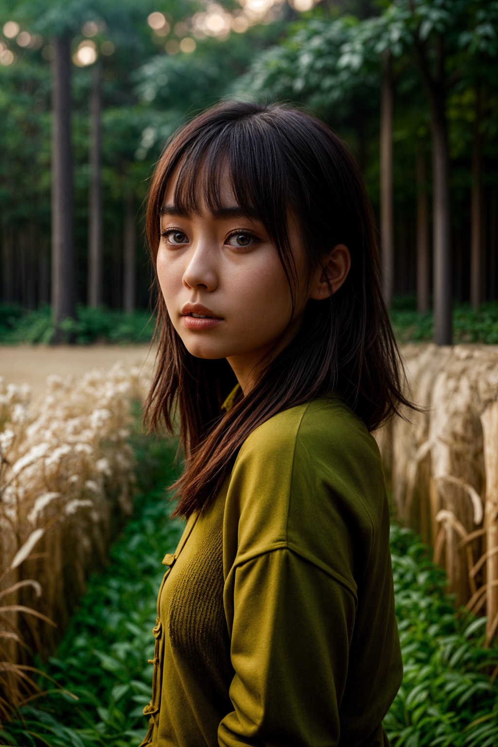 woman outside in nature in forest or jungle or a field of wheat enjoying the natural world