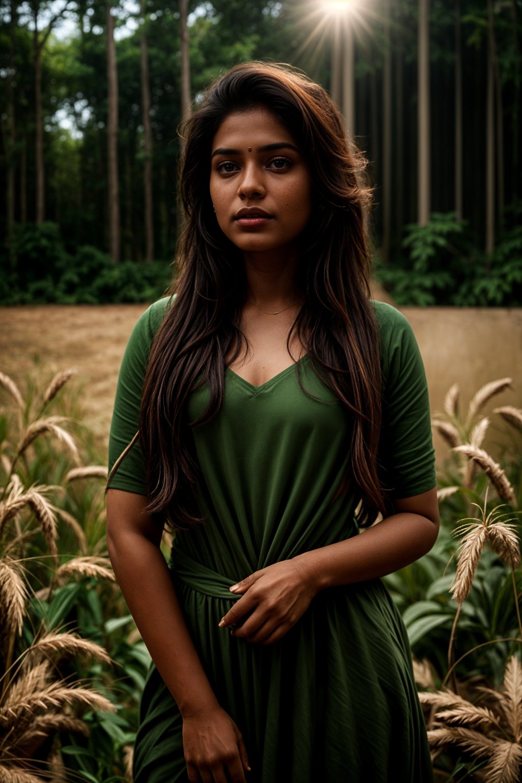 woman outside in nature in forest or jungle or a field of wheat enjoying the natural world