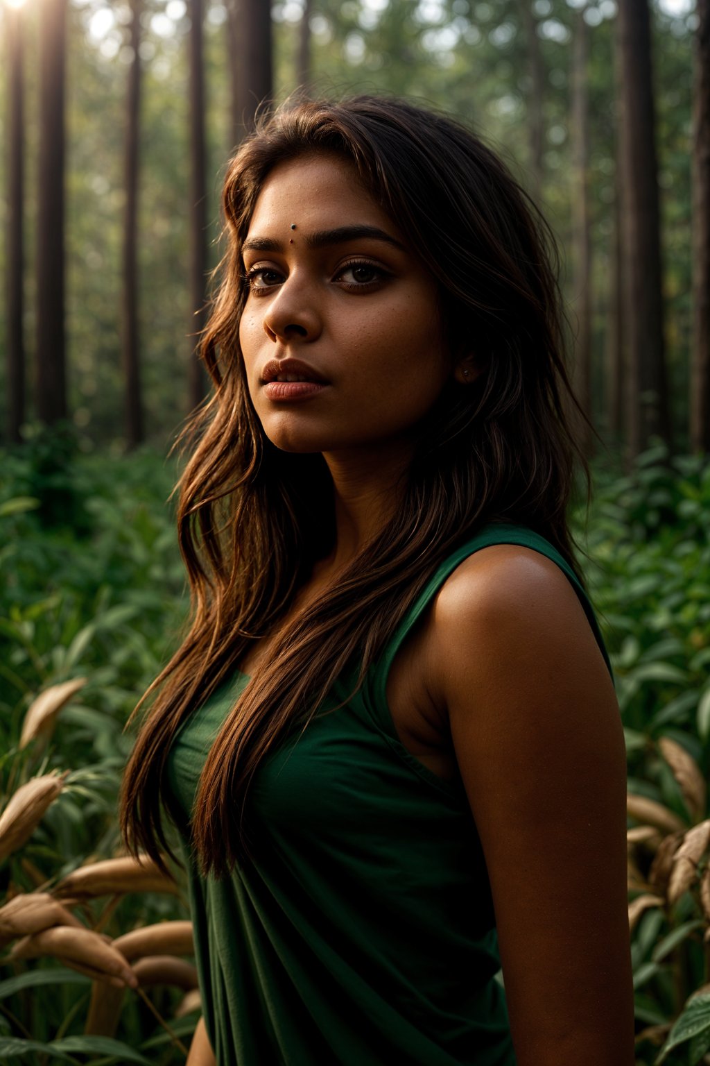 woman outside in nature in forest or jungle or a field of wheat enjoying the natural world