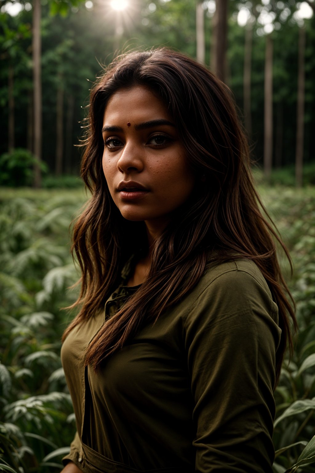 woman outside in nature in forest or jungle or a field of wheat enjoying the natural world