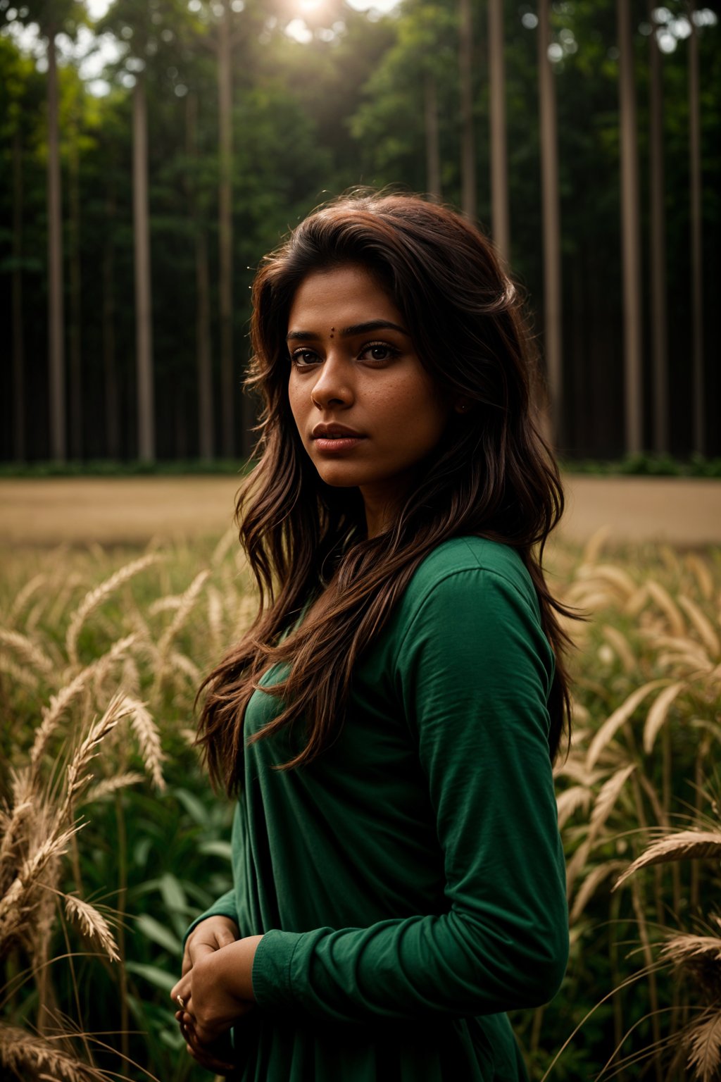 woman outside in nature in forest or jungle or a field of wheat enjoying the natural world