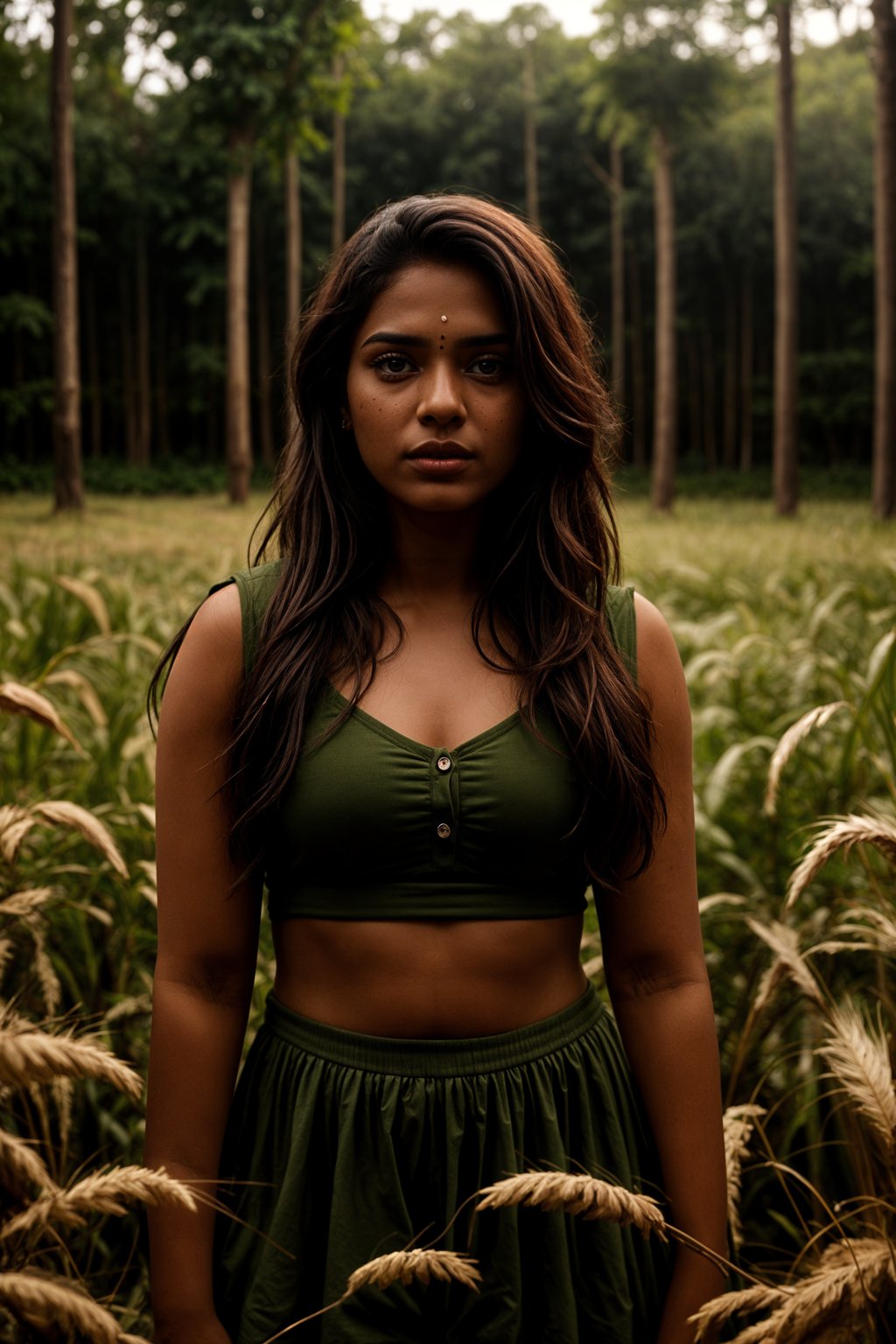 woman outside in nature in forest or jungle or a field of wheat enjoying the natural world