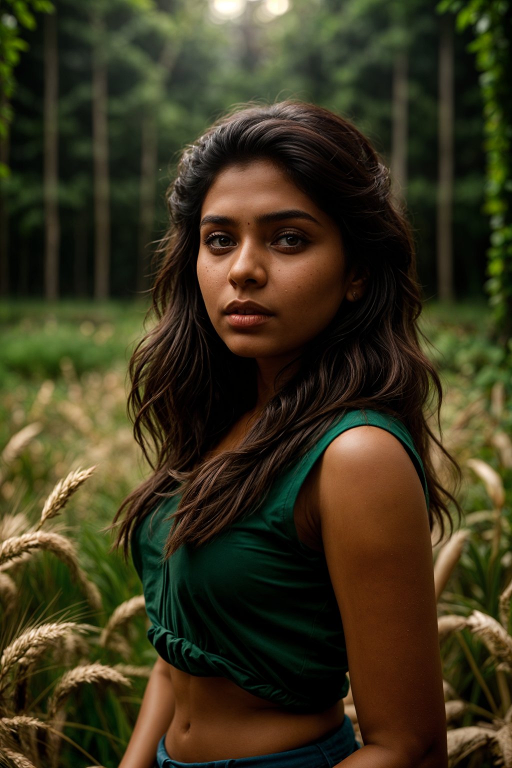 woman outside in nature in forest or jungle or a field of wheat enjoying the natural world