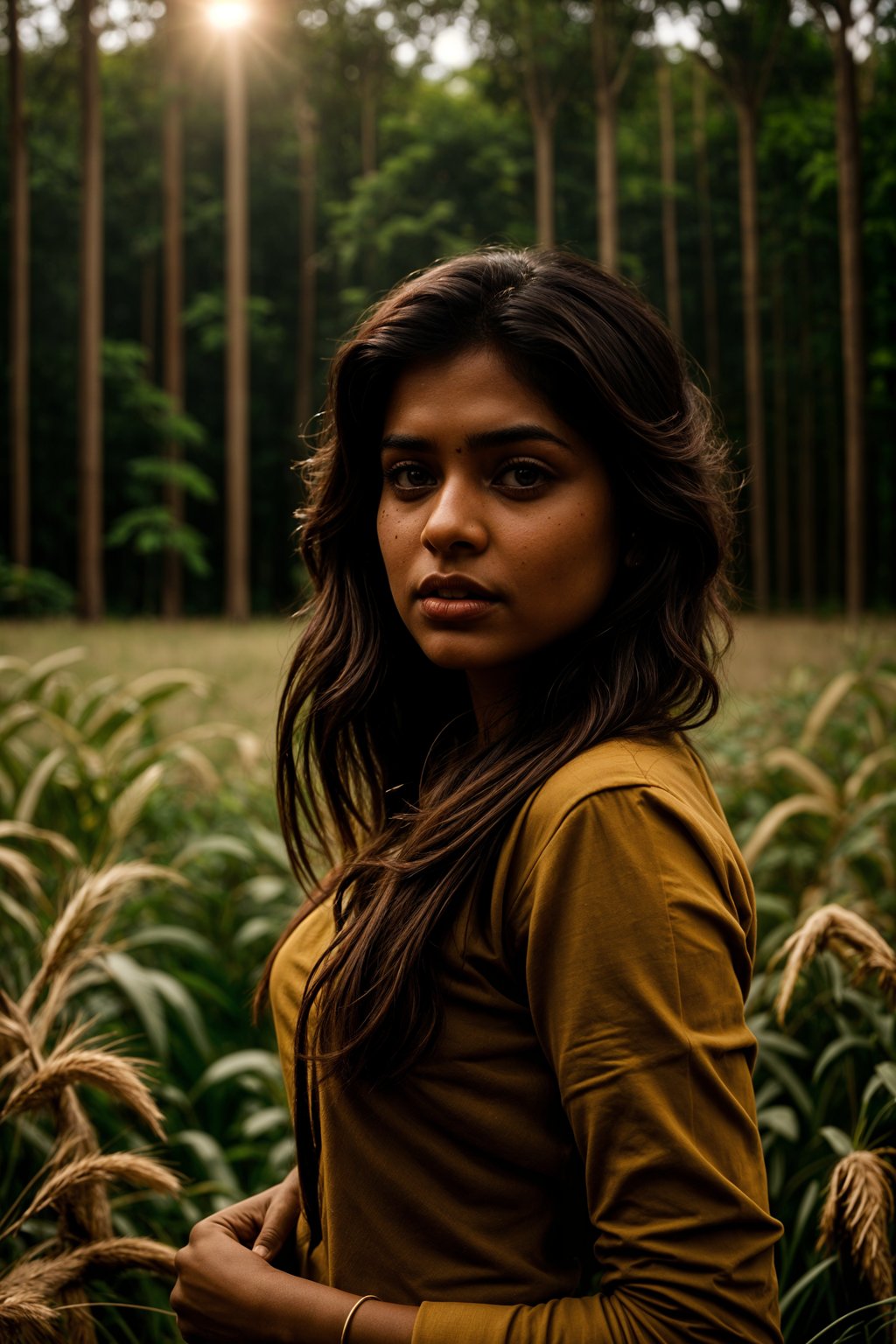 woman outside in nature in forest or jungle or a field of wheat enjoying the natural world