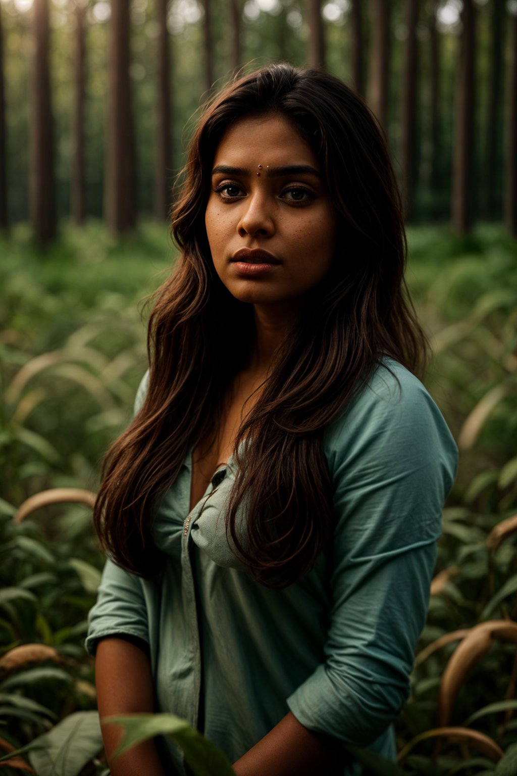 woman outside in nature in forest or jungle or a field of wheat enjoying the natural world