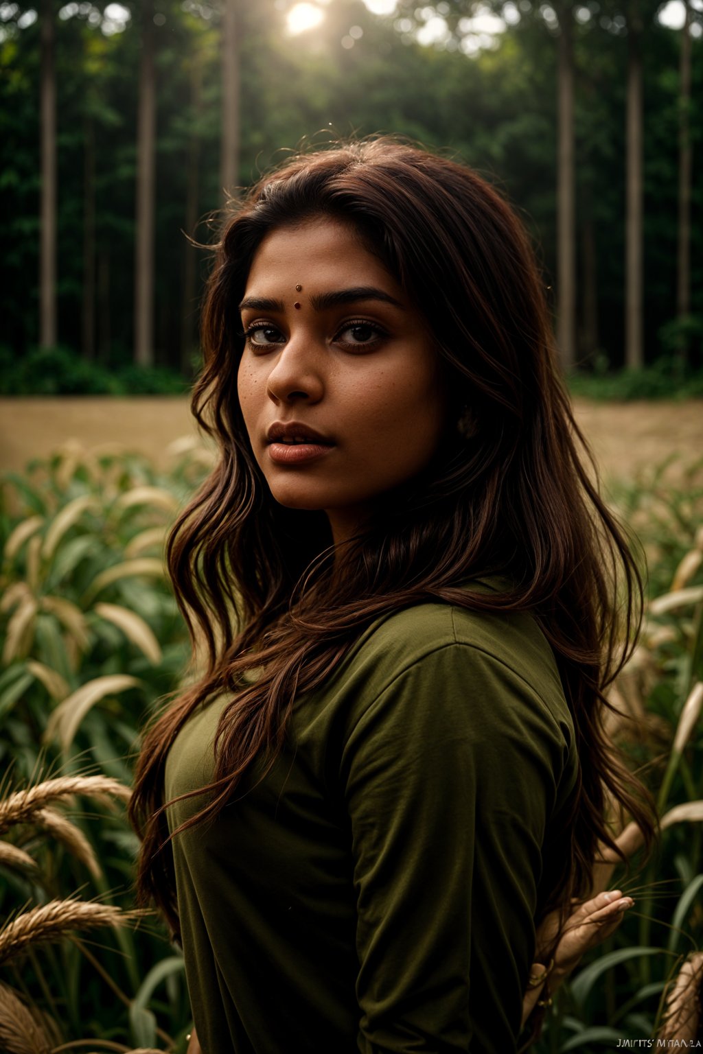 woman outside in nature in forest or jungle or a field of wheat enjoying the natural world