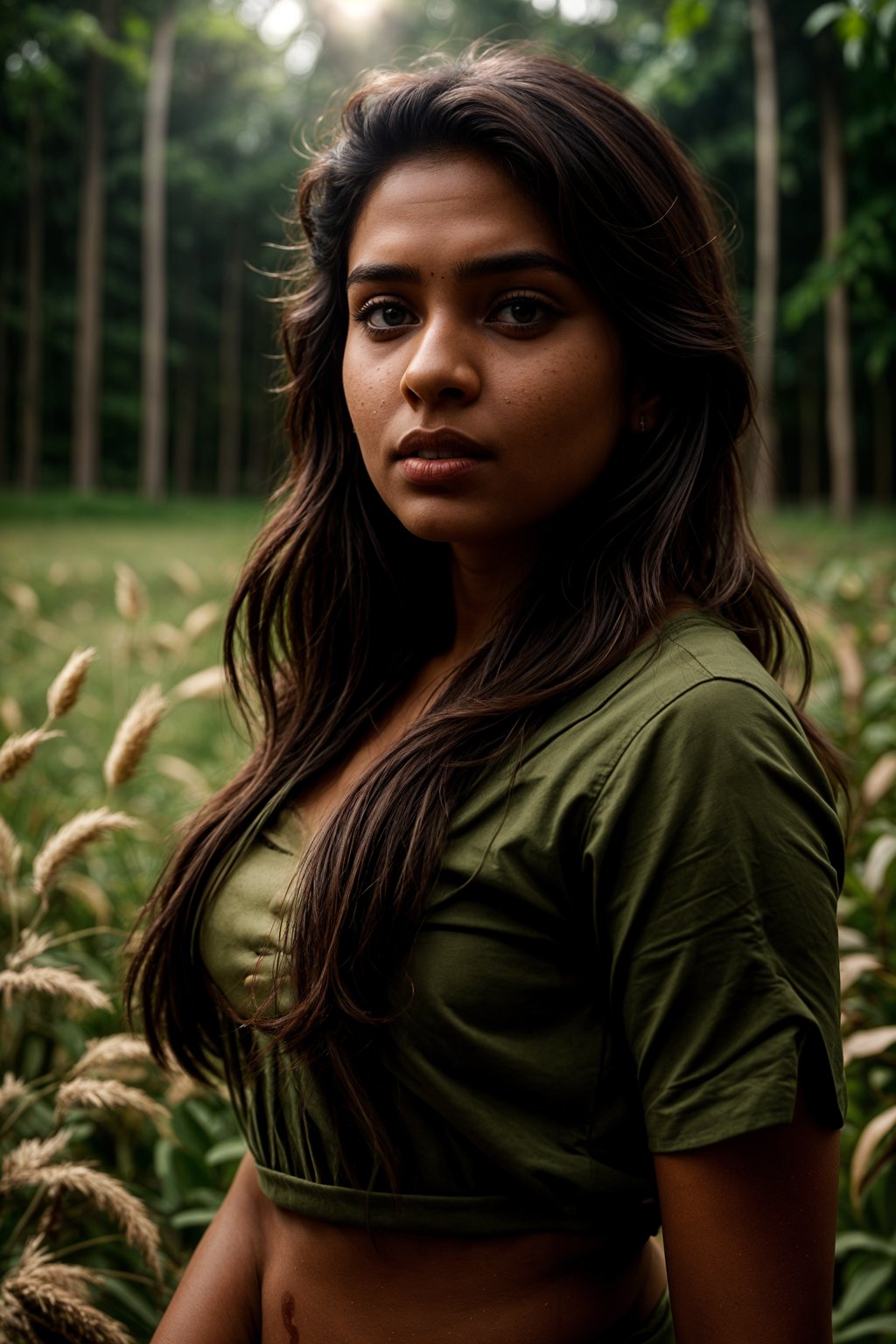 woman outside in nature in forest or jungle or a field of wheat enjoying the natural world