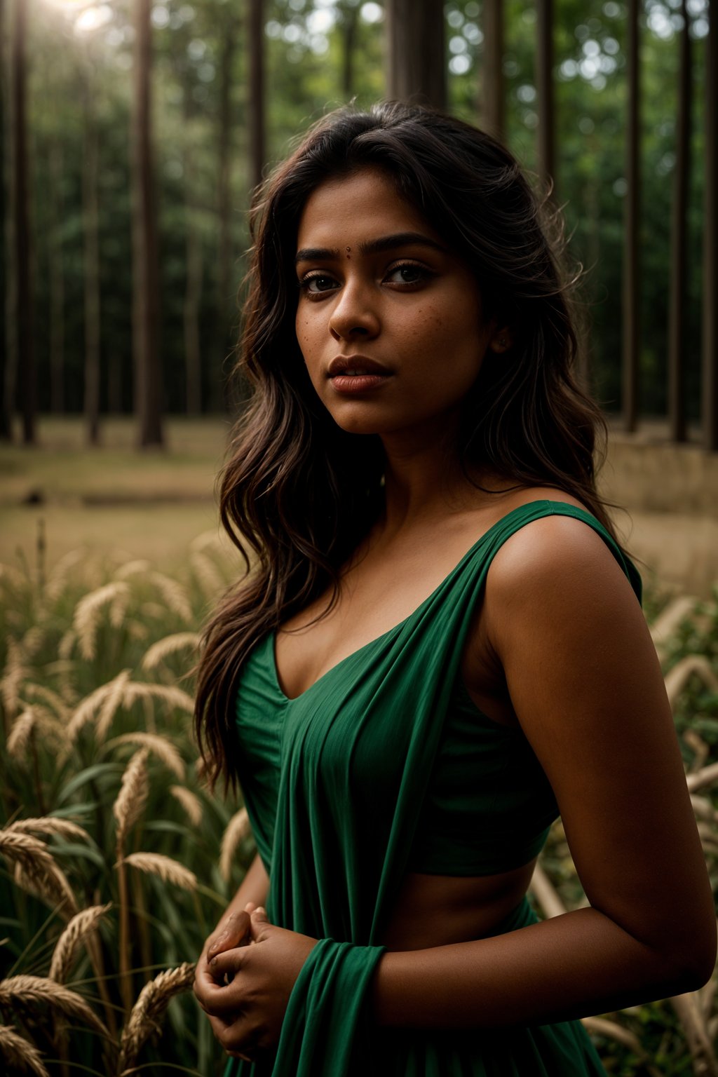 woman outside in nature in forest or jungle or a field of wheat enjoying the natural world