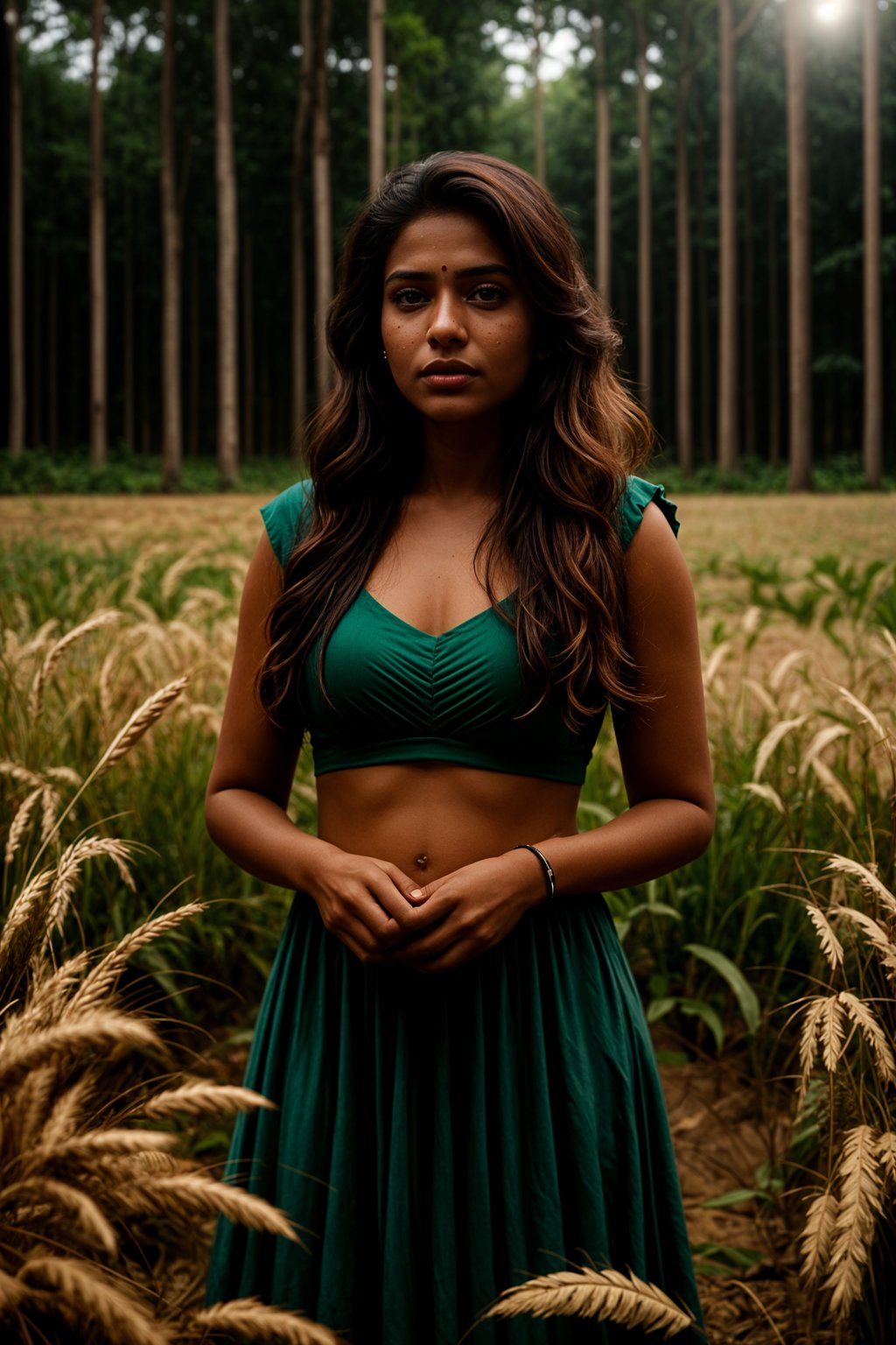 woman outside in nature in forest or jungle or a field of wheat enjoying the natural world