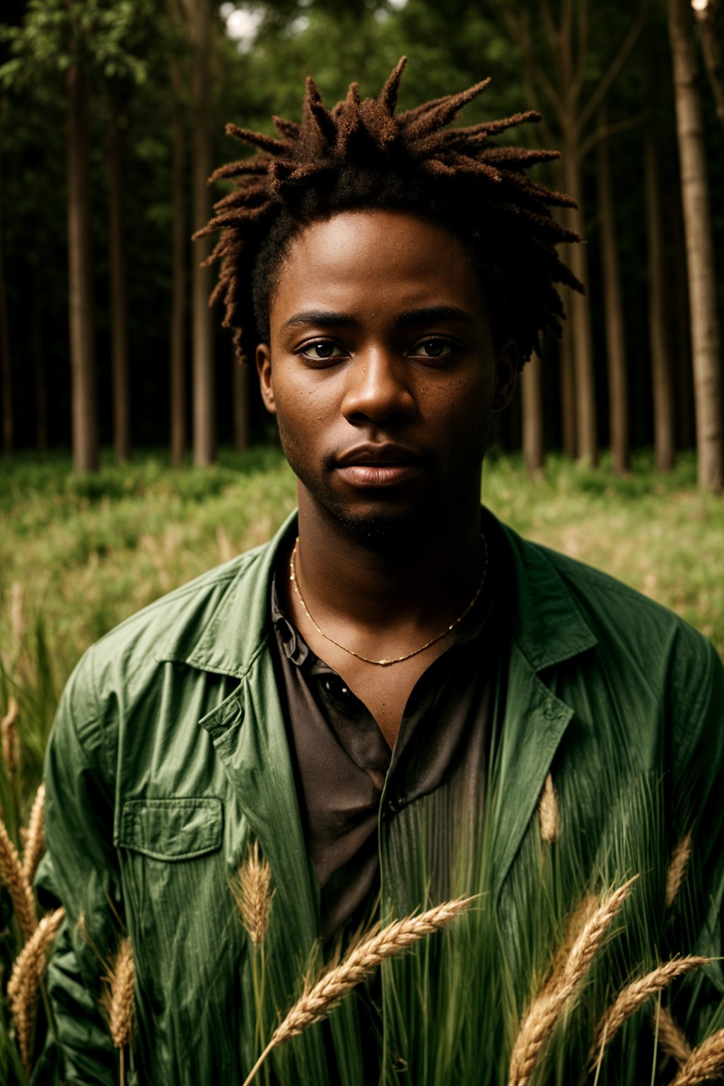 man outside in nature in forest or jungle or a field of wheat enjoying the natural world