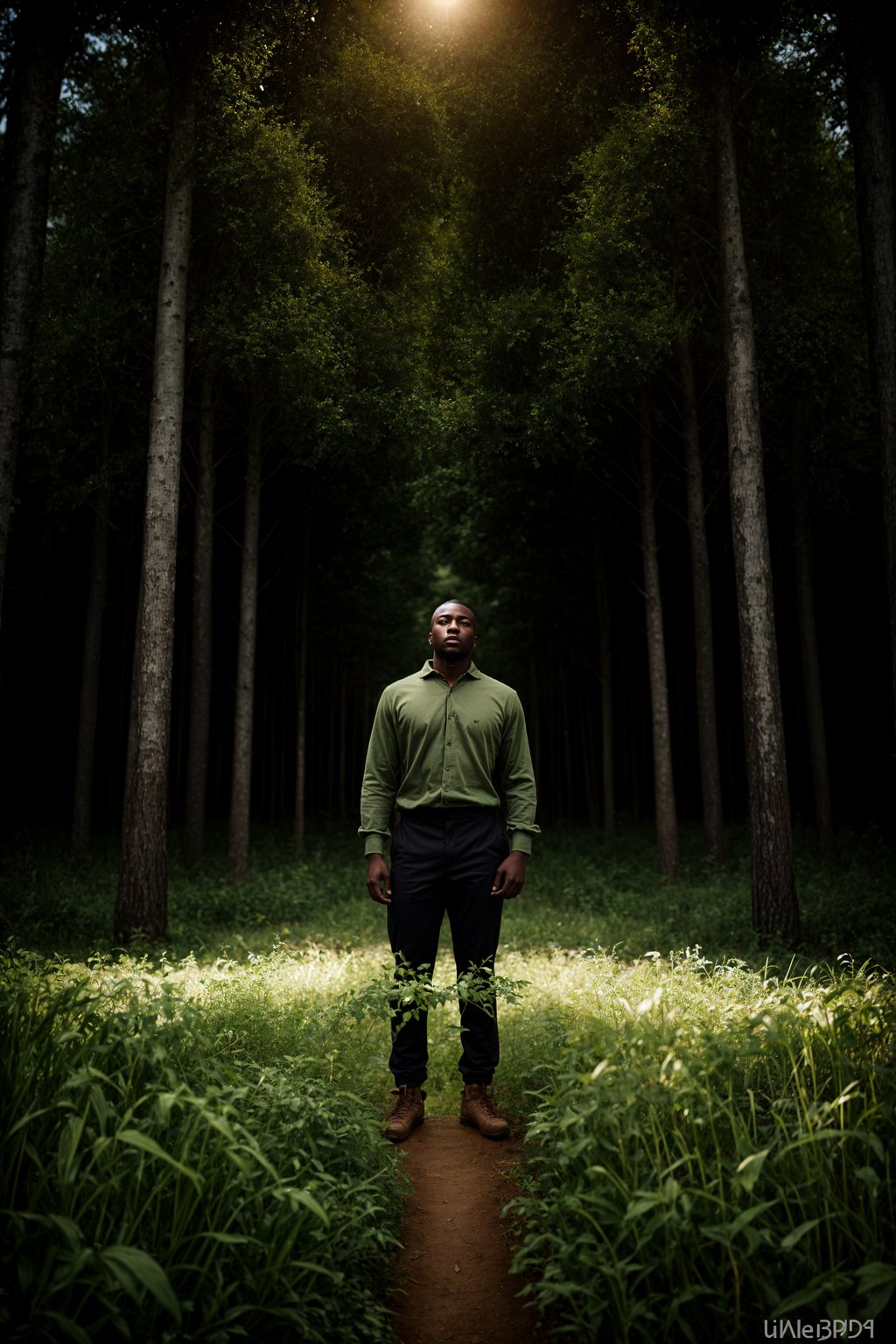 man outside in nature in forest or jungle or a field of wheat enjoying the natural world