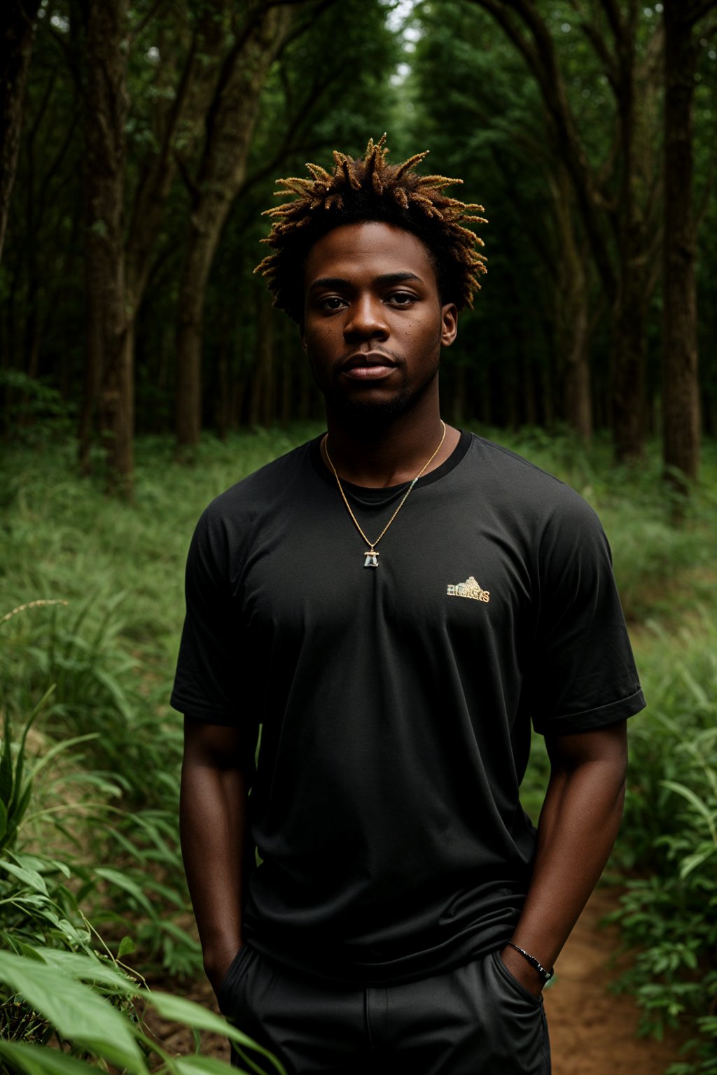 man outside in nature in forest or jungle or a field of wheat enjoying the natural world