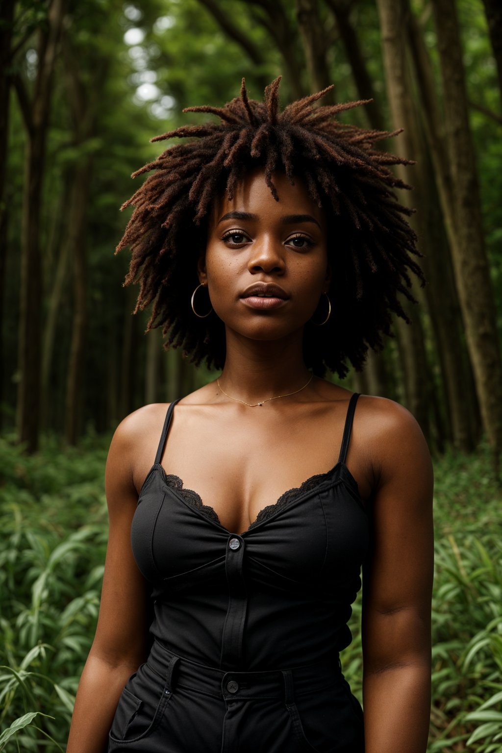 woman outside in nature in forest or jungle or a field of wheat enjoying the natural world