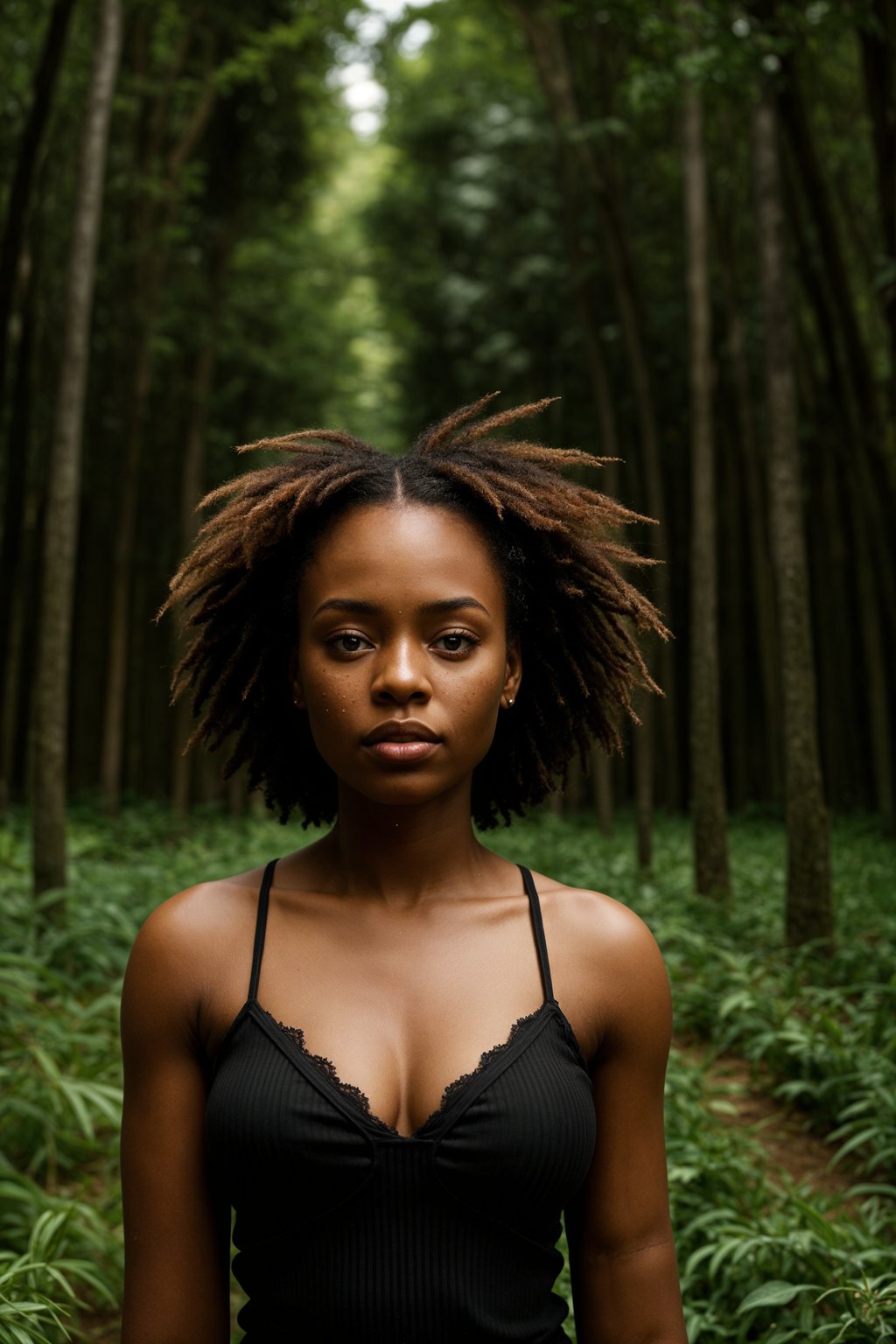 woman outside in nature in forest or jungle or a field of wheat enjoying the natural world