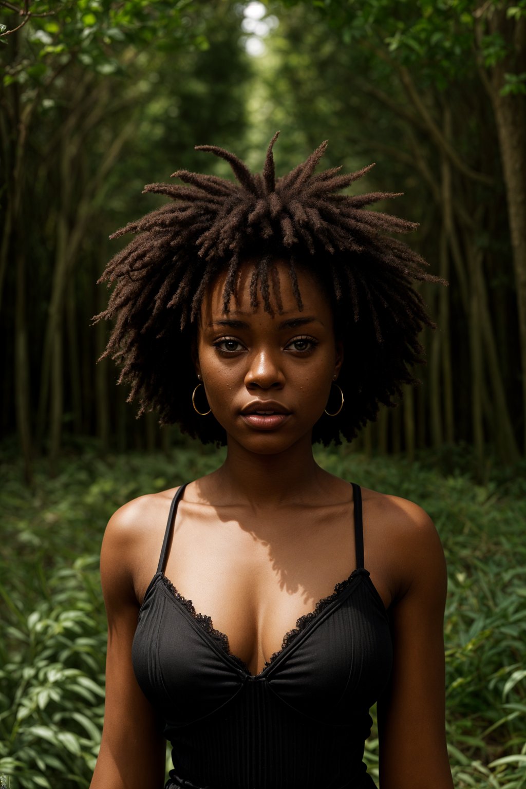 woman outside in nature in forest or jungle or a field of wheat enjoying the natural world