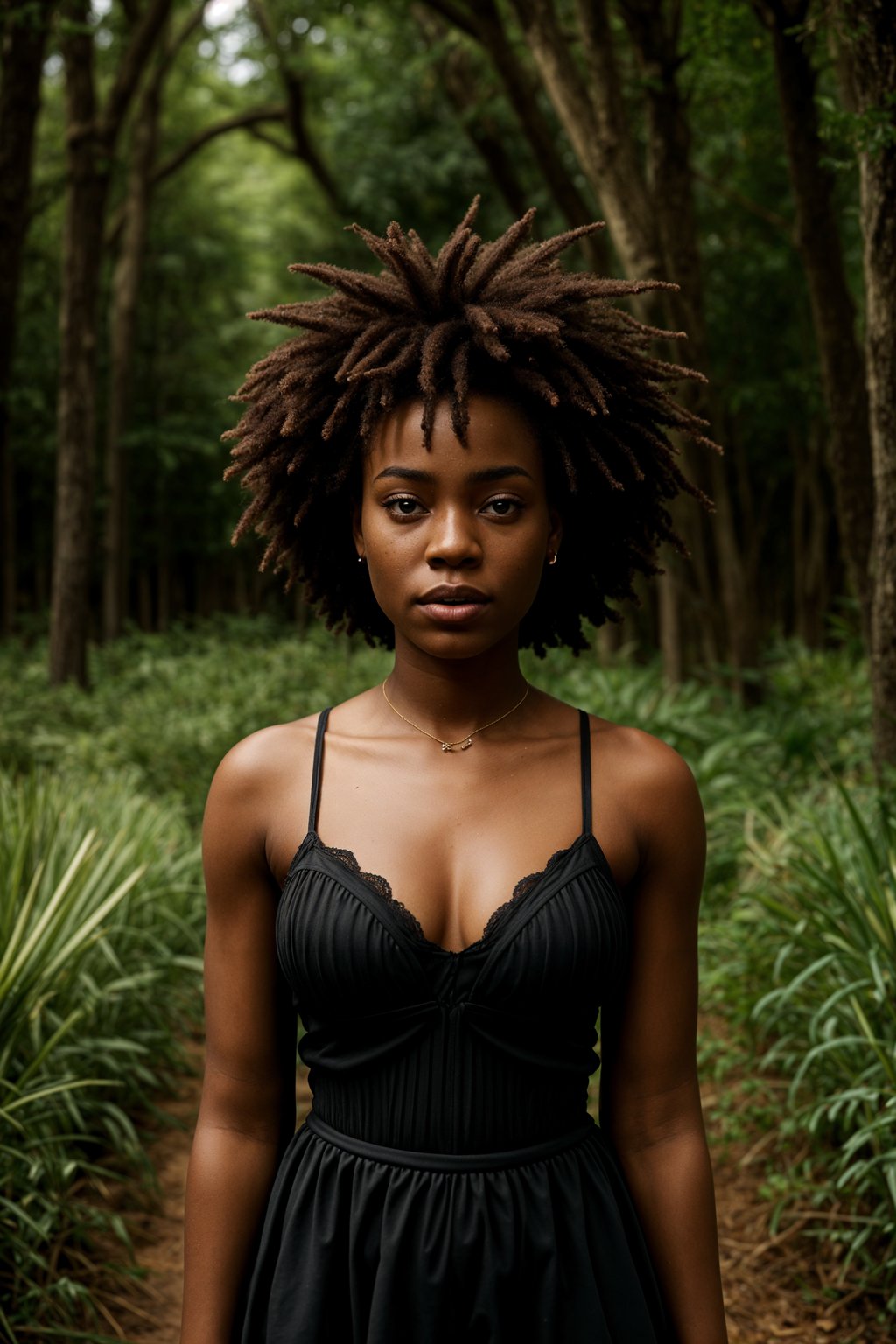 woman outside in nature in forest or jungle or a field of wheat enjoying the natural world