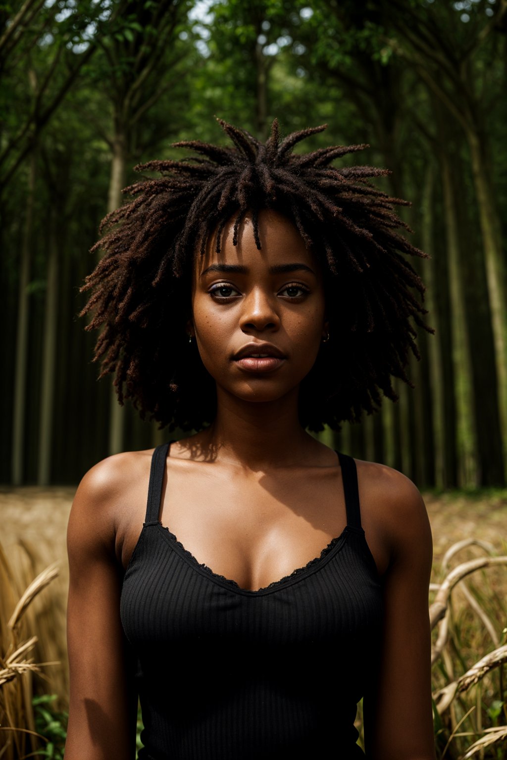 woman outside in nature in forest or jungle or a field of wheat enjoying the natural world