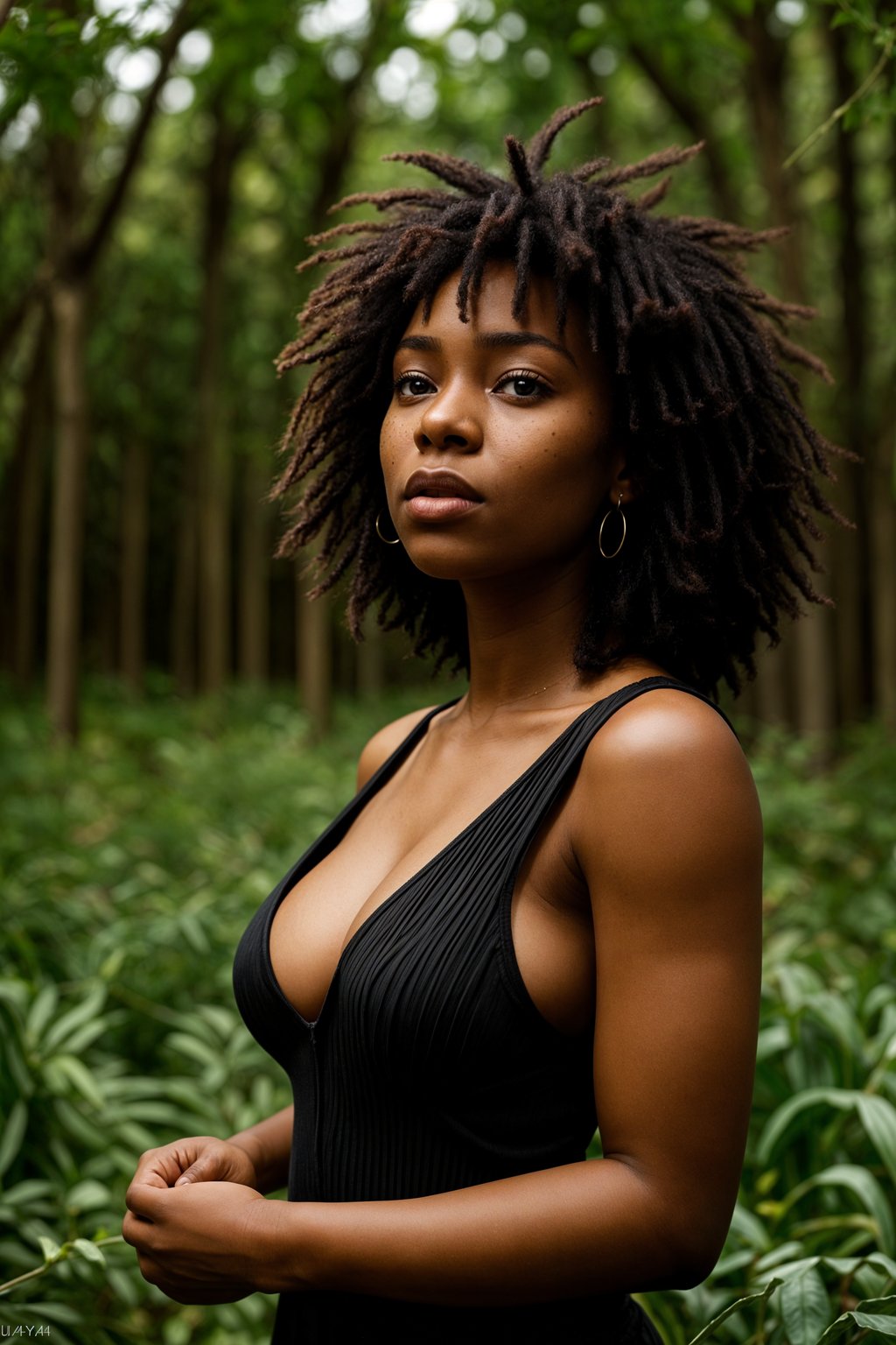 woman outside in nature in forest or jungle or a field of wheat enjoying the natural world