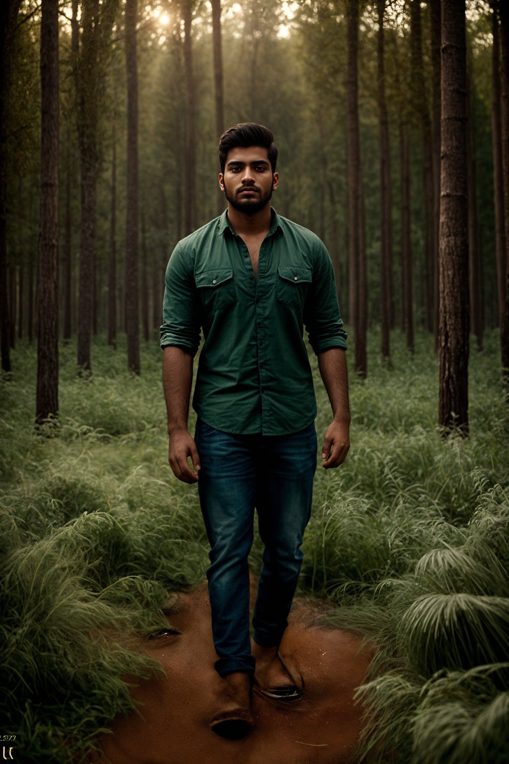 man outside in nature in forest or jungle or a field of wheat enjoying the natural world