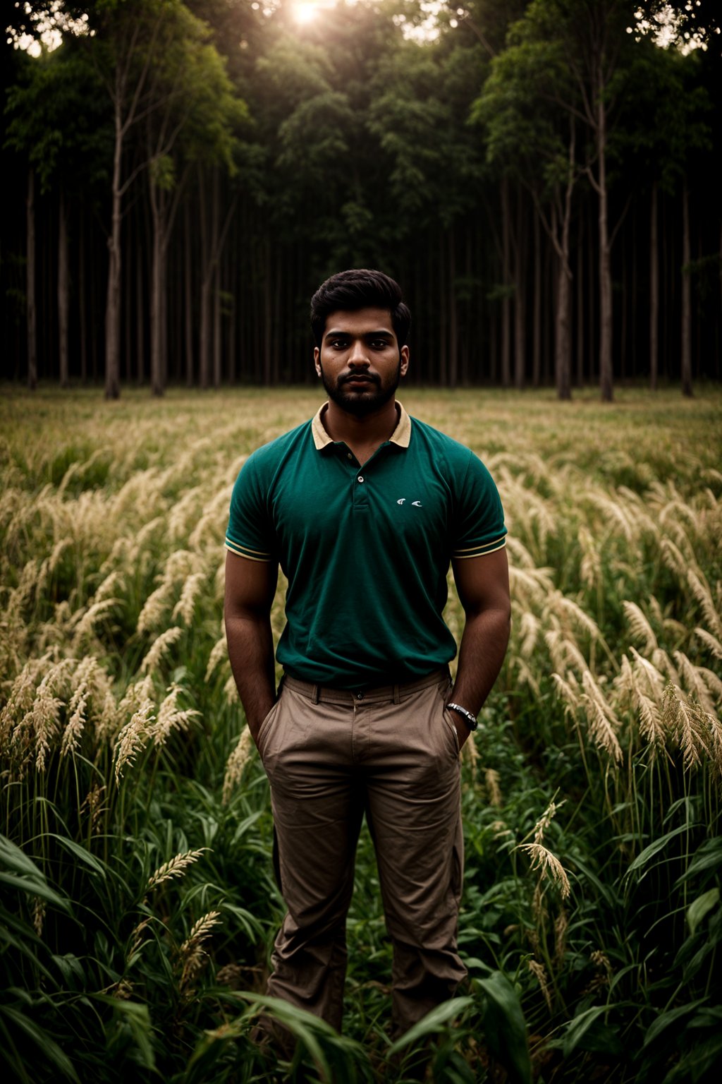 man outside in nature in forest or jungle or a field of wheat enjoying the natural world