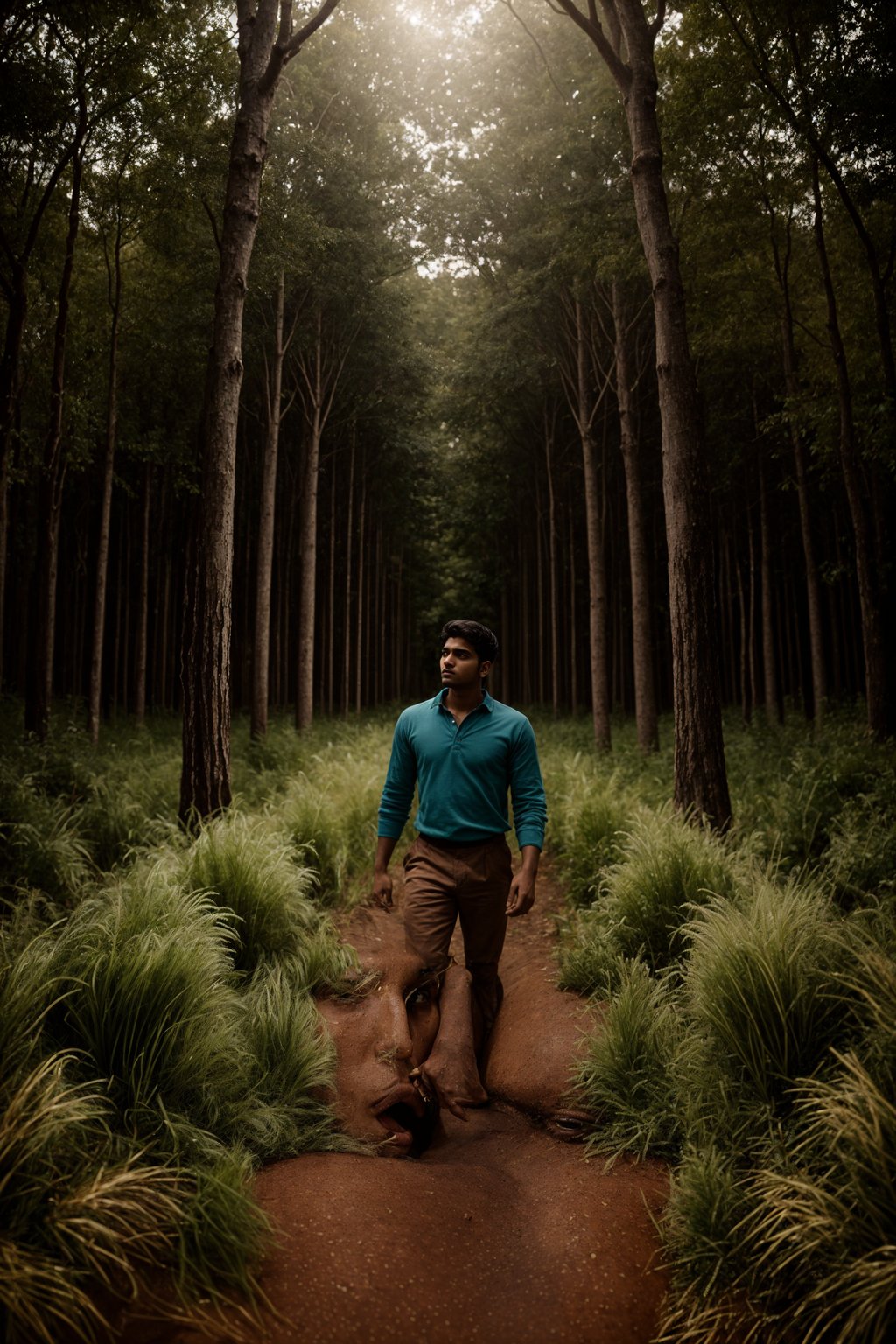 man outside in nature in forest or jungle or a field of wheat enjoying the natural world