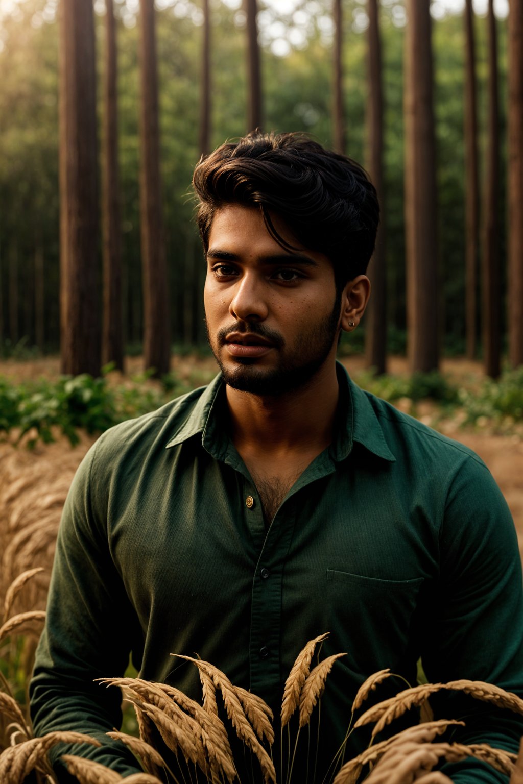 man outside in nature in forest or jungle or a field of wheat enjoying the natural world