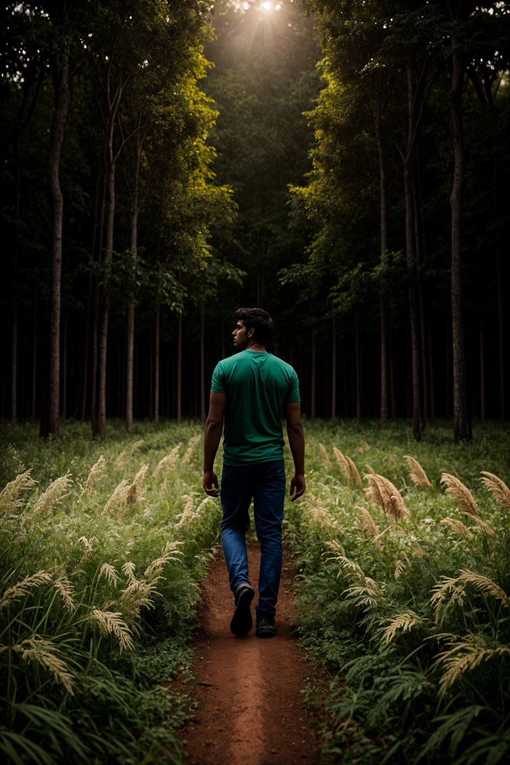 man outside in nature in forest or jungle or a field of wheat enjoying the natural world