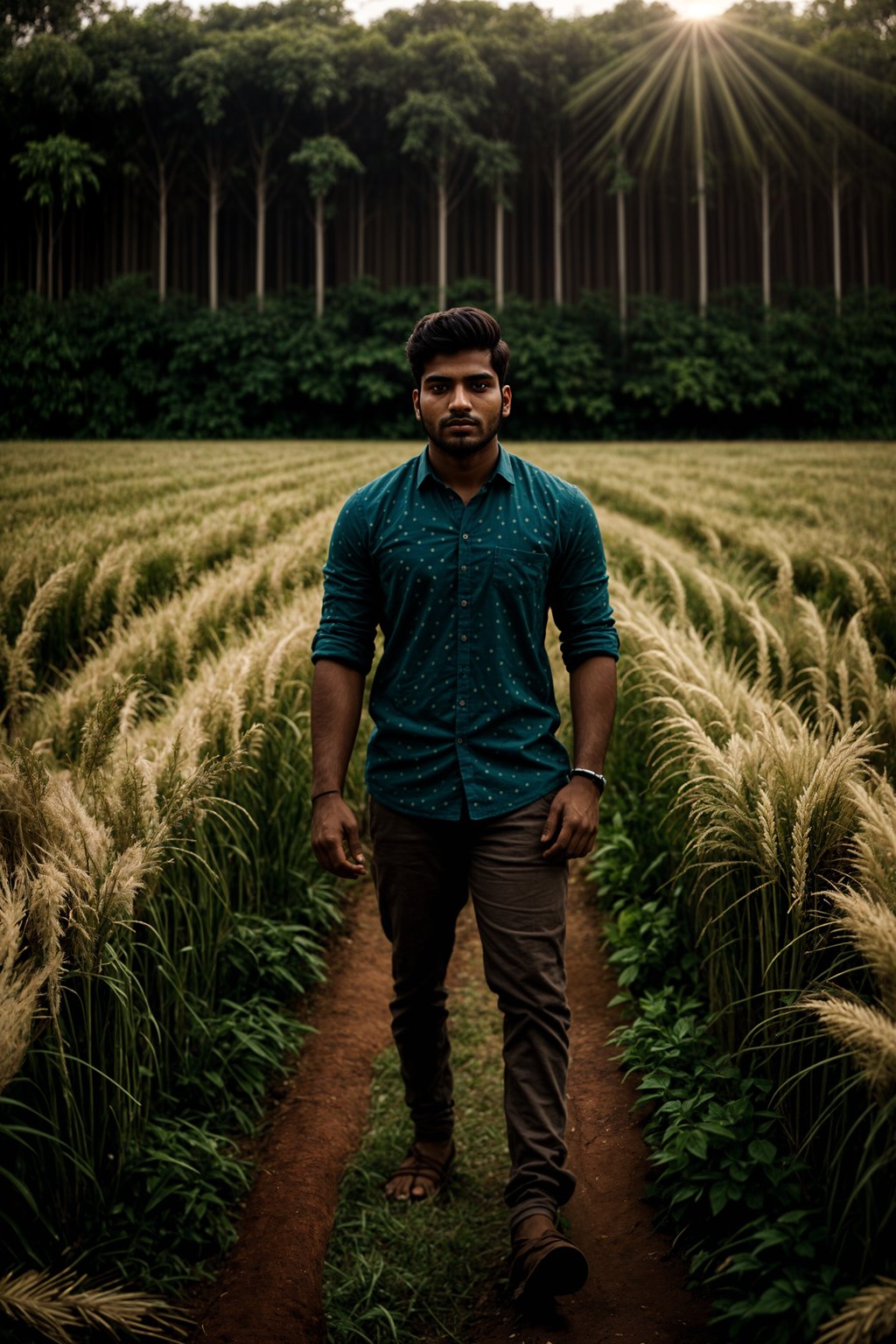 man outside in nature in forest or jungle or a field of wheat enjoying the natural world