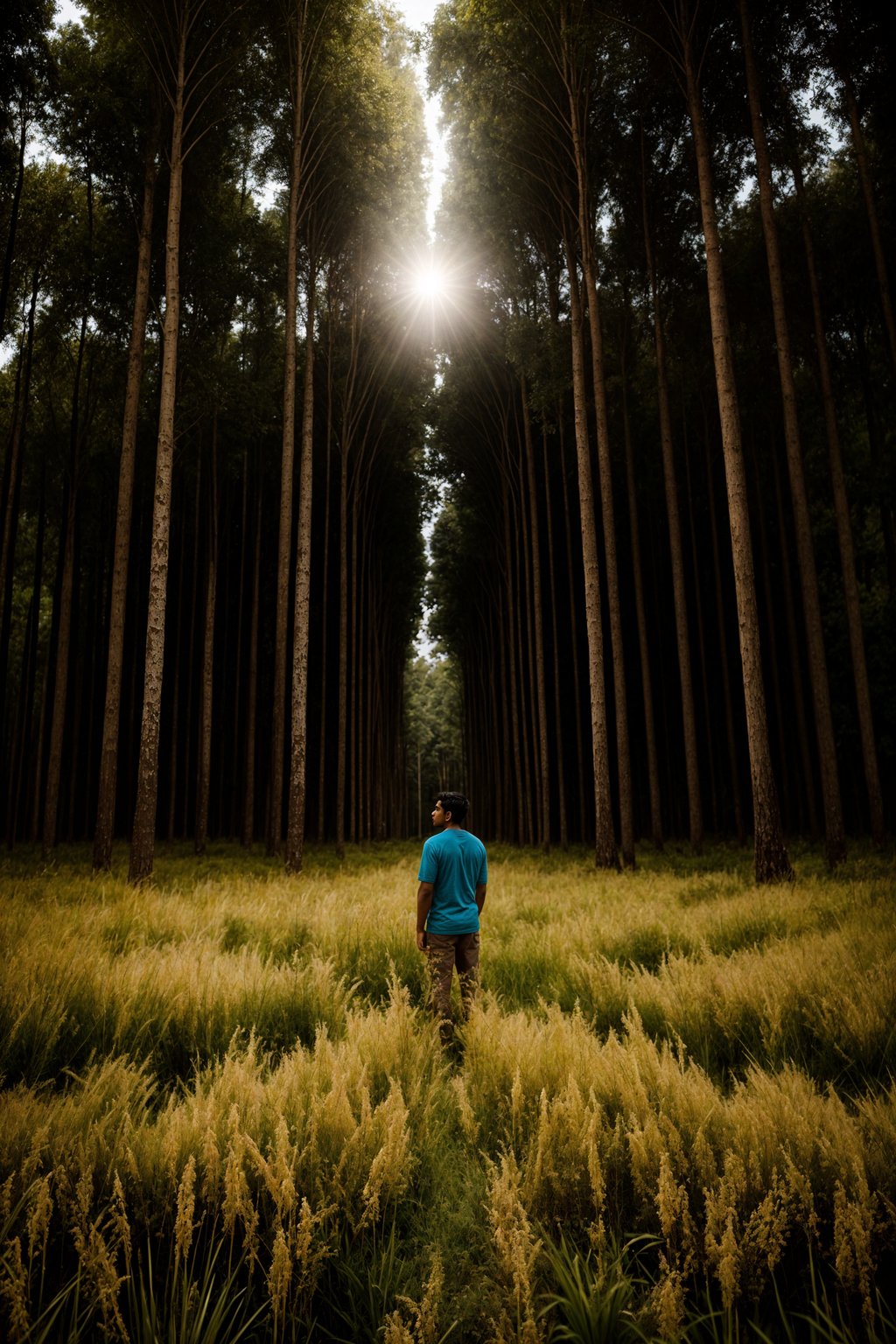 man outside in nature in forest or jungle or a field of wheat enjoying the natural world